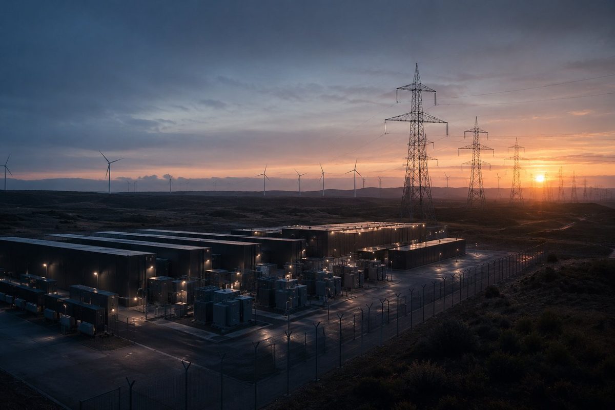 Data center campus at dusk with transmission towers and wind turbines on the horizon